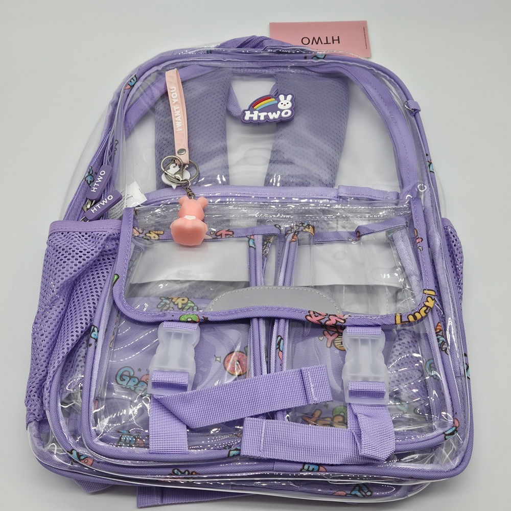 Girls Clear School Backpack with Purple Trim Cute Bag Charm and Stickers